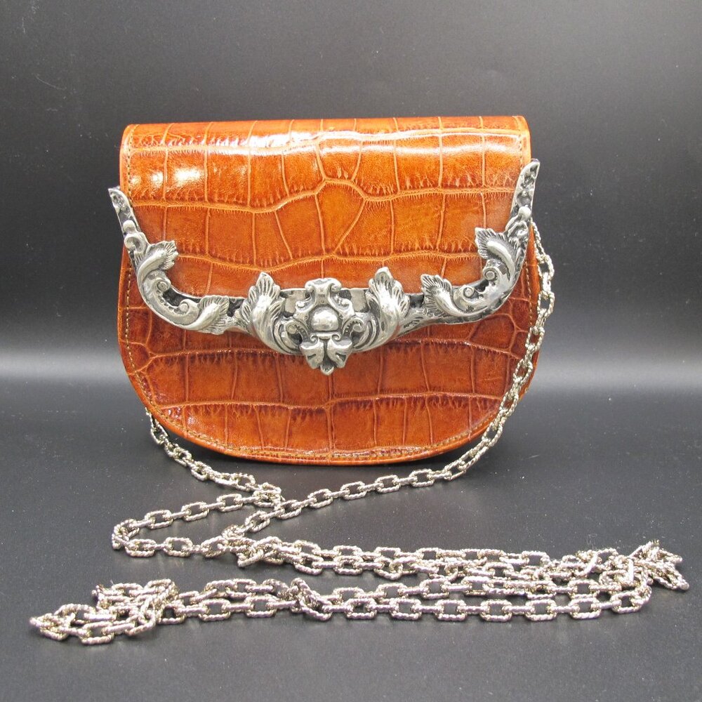 Vintage Ann Turk brown crocodile-look leather purse with silver metal accents